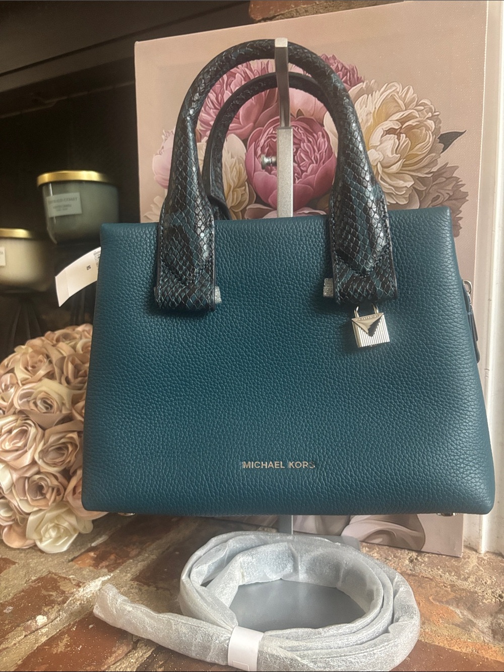 Michael Kors Teal Pebbled Leather Satchel with Black Snake-Texture Handles